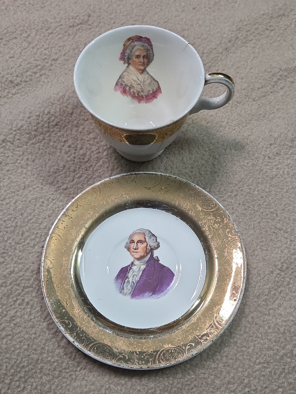 White and Gold Porcelain Mug and Saucer Set with Portrait Accents